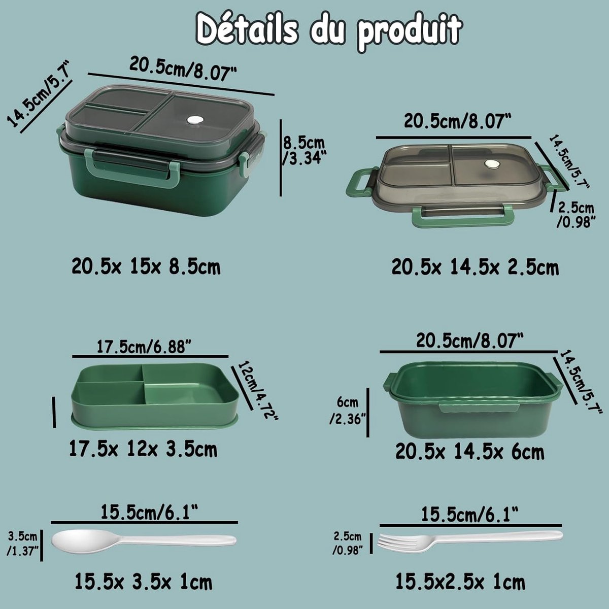Lunch box - Adult lunch box - Salad lunch box - Compartmentalized lunch box - Integrated 2-layer lunch box - Leakproof lunch box - With cutlery - For work - School - Picnic (vegetables) - Image 4