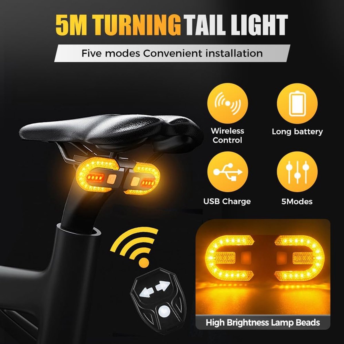 Bicycle light with alarm and rechargeable battery - Bicycle lamp - Bicycle alarm - Bicycle light - Bicycle alarm with remote control - Bicycle taillight - USB rechargeable - Waterproof - Alarm system - Bicycle taillight with alarm function - Black - Image 2