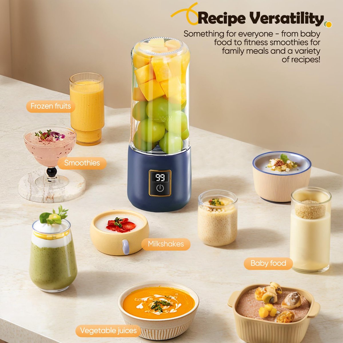 Portable Blender - Mini Blender - 12 Blades - Portable - On-the-Go Blender - Mini Juicer - Smoothie Maker - Perfect for Smoothies, Juices, and Baby Food - Dark Blue - Image 4
