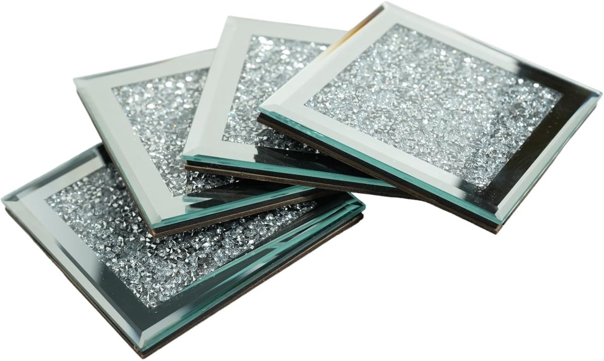 Set of 4 Mirror Effect Coasters – Crushed Diamond Coasters – Table Decor – With cut diamond crystal and mirror (square), for restaurant tables, kitchens, bars, restaurants - Image 1