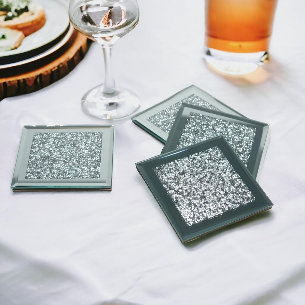 Set of 4 Mirror Effect Coasters – Crushed Diamond Coasters – Table Decor – With cut diamond crystal and mirror (square), for restaurant tables, kitchens, bars, restaurants - Image 3