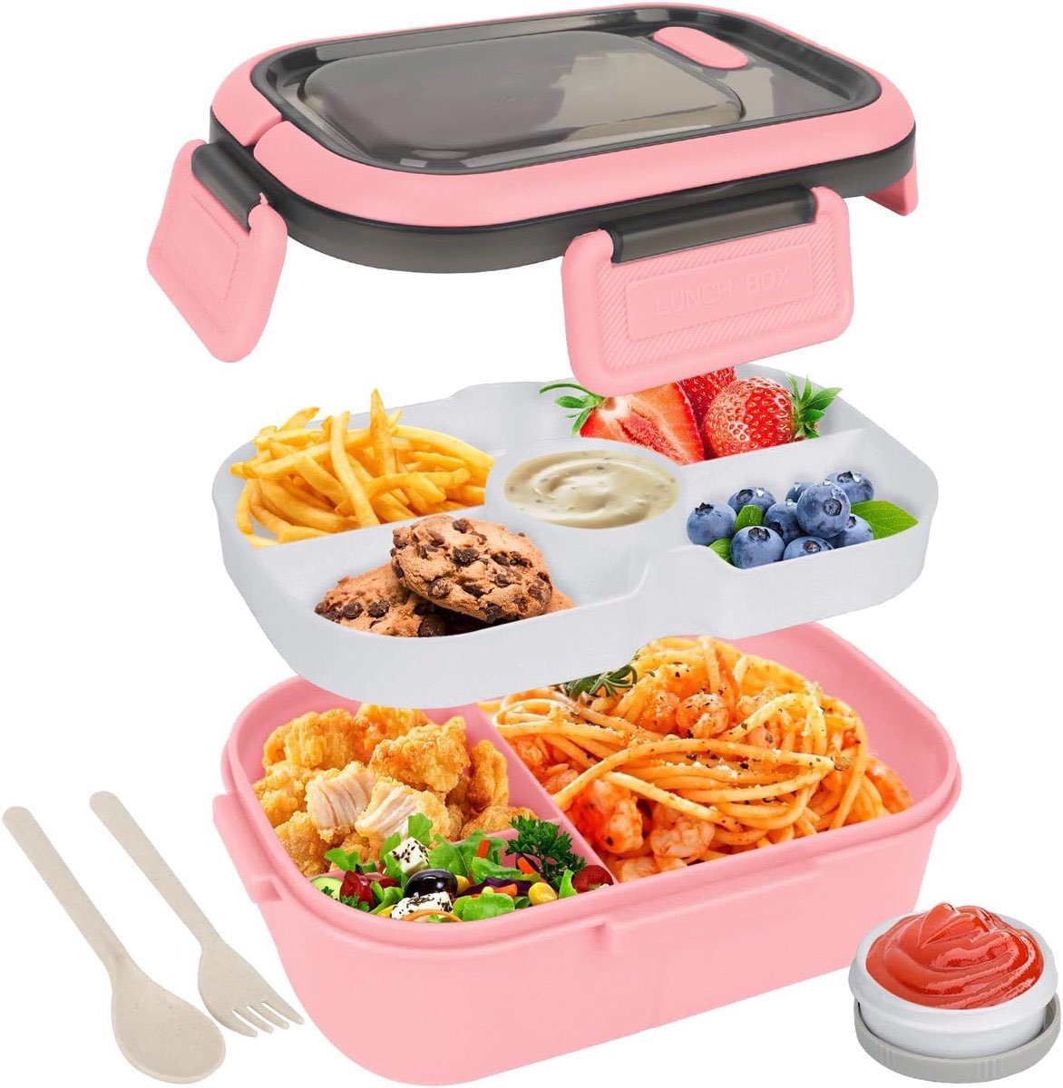 Lunch boxes - Lunch boxes - Adult lunch boxes - Children's lunch boxes - Lunch box with compartments and cutlery - Airtight - 1200 ml - Microwave safe - Ideal for salads - For children and adults - Picnic (pink) - Image 1