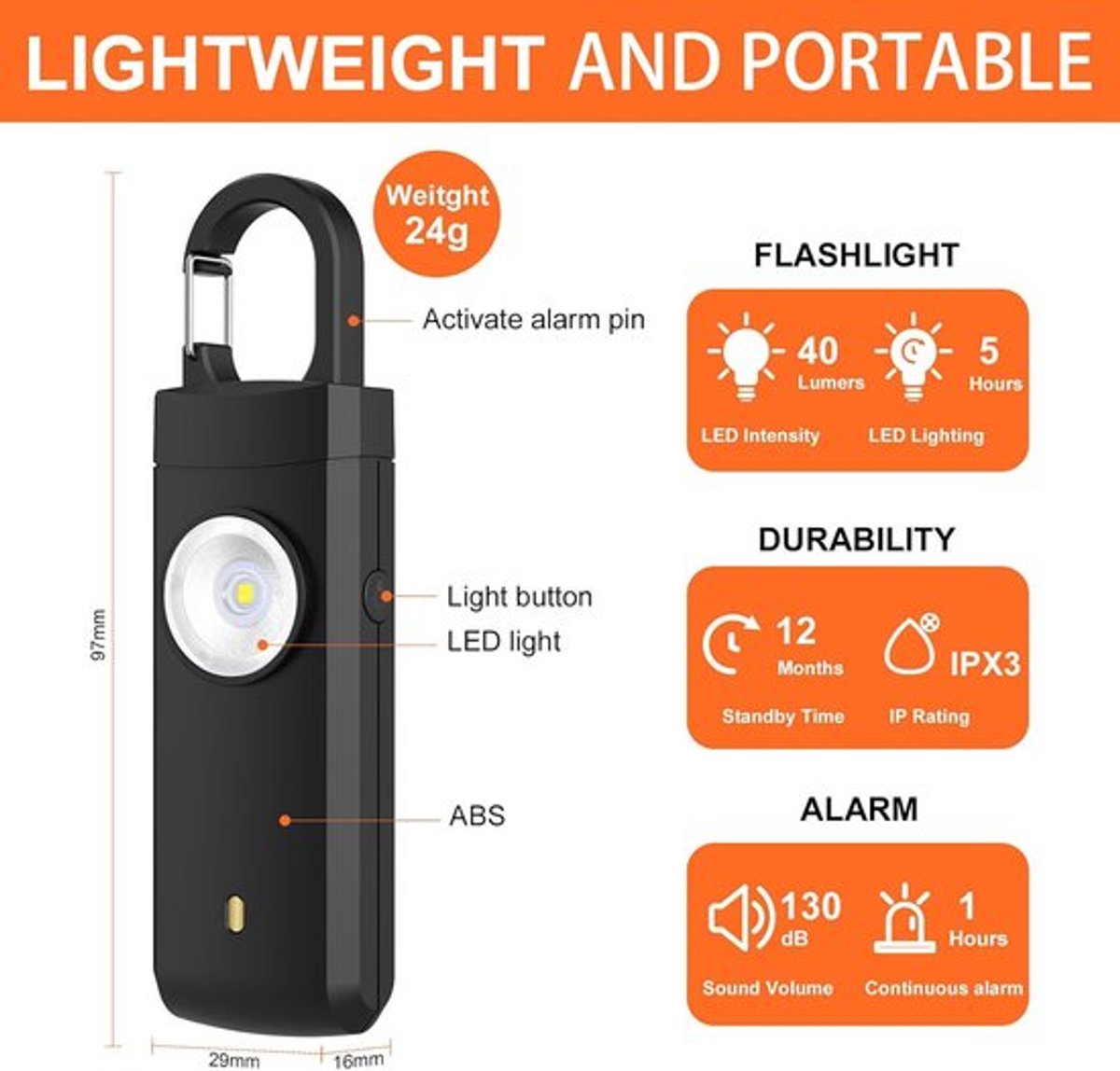 Alarm - Personal Alarm - 130 dB Sound and Flashing Light - Personal Security Alarm - Self-Defense Keychain - Personal Protection - Alarm for Seniors - Portable Security Alarm - Black - Image 6