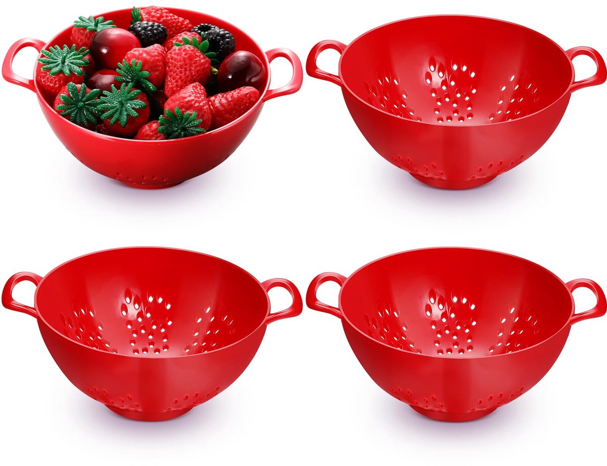 4-Piece Vegetable Basket - Drainer - Kitchen Colander - Plastic Berry Strainer - Colander Basket - with Double Handles - Small Colander - for Fruits, Vegetables and Food - Kitchen Accessories - Red - 19 x 14.8 x 7.5 cm - Image 1