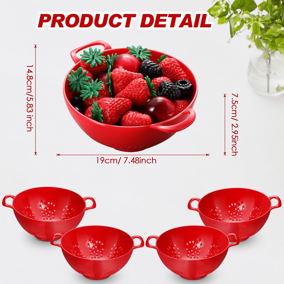 4-Piece Vegetable Basket - Drainer - Kitchen Colander - Plastic Berry Strainer - Colander Basket - with Double Handles - Small Colander - for Fruits, Vegetables and Food - Kitchen Accessories - Red - 19 x 14.8 x 7.5 cm - Image 6