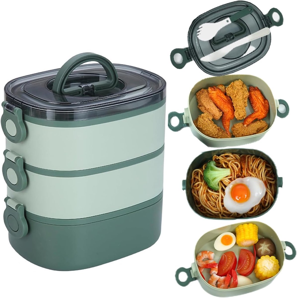 Lunch Box - Bento Box with Cutlery - 3-Layer 2000ml Lunch Box - Insulated Lunch Box for Adults and Children, Picnics, Work, School - Vegetables - Image 1