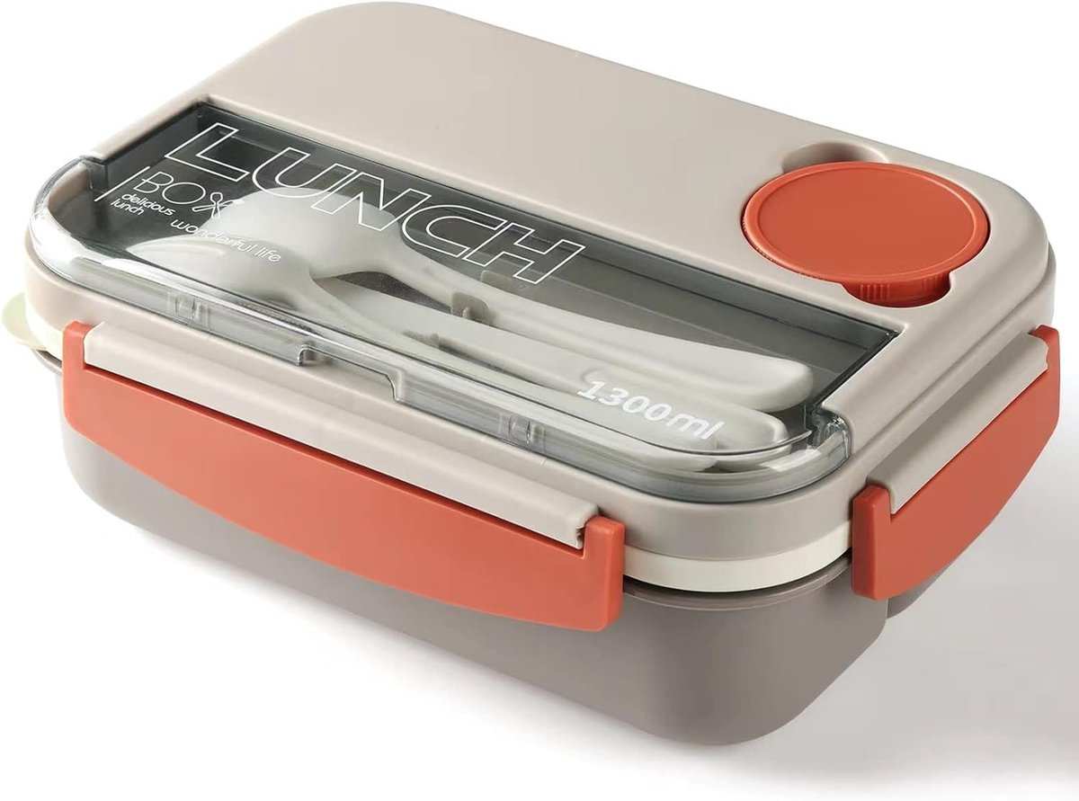 Lunch boxes - Lunch box - Adult lunch box - Children's lunch box - 1300 ml stackable for adults - Leakproof container with compartments - 4-in-1 lunch box, gravy boat and cutlery - Microwave and dishwasher safe (beige) - Image 1