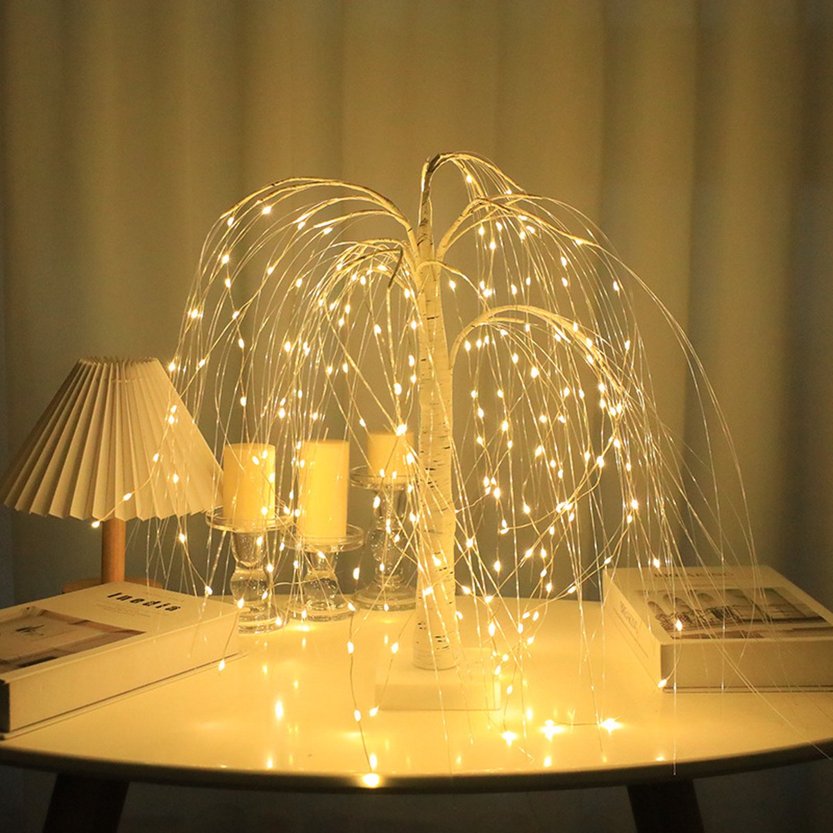 Elegant 50cm tall LED willow lamp with 7 modes - for living room and bedroom - Dual Power (USB and battery), warm white ambient light, Design - white - Image 1