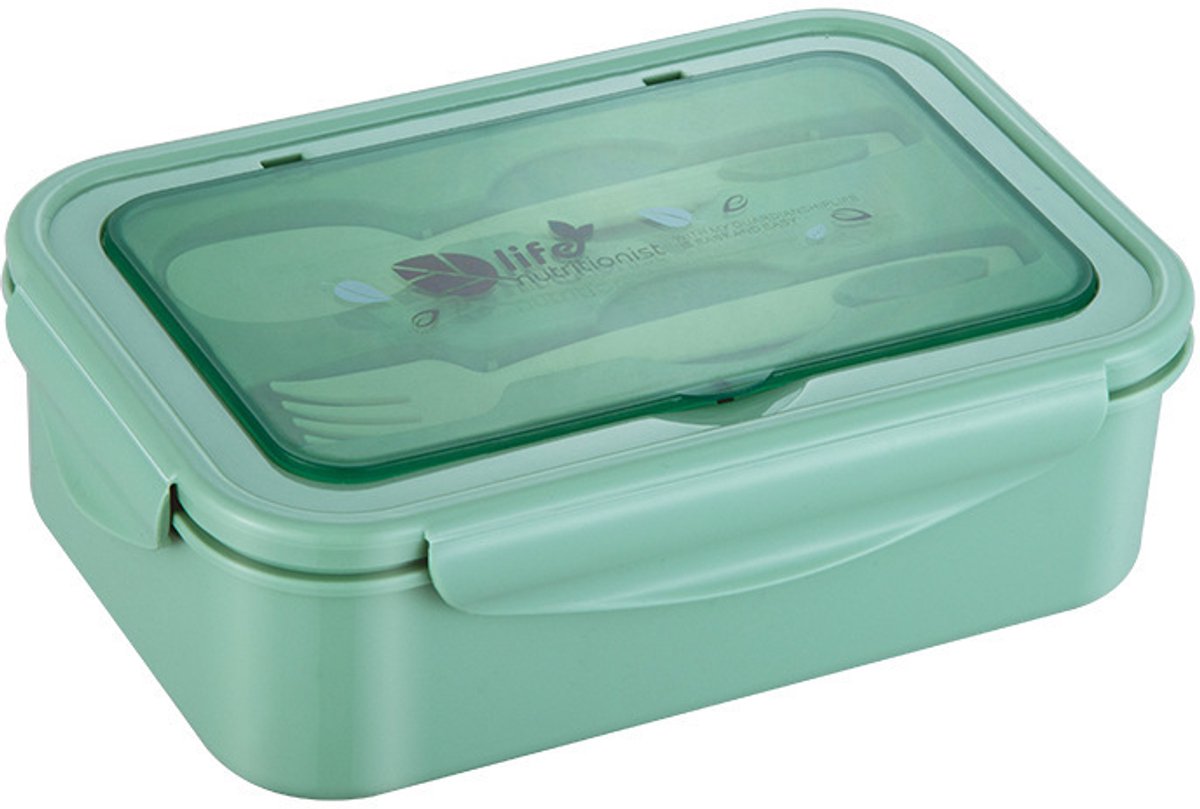 Lunch box, bento box, 3-compartment lunch box with cutlery, leakproof lunch box, freezer safe, dishwasher safe, microwave safe, lunch box for school, work, picnics and travel (green) - Image 1