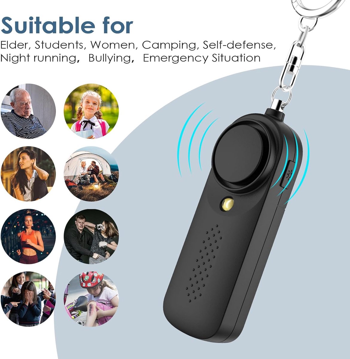 Personal Alarm - 130 dB - Security Siren - Self-Defense Siren - With LED Light-Up Keyring - For Children, Women, Students and Seniors (Black) - Image 2