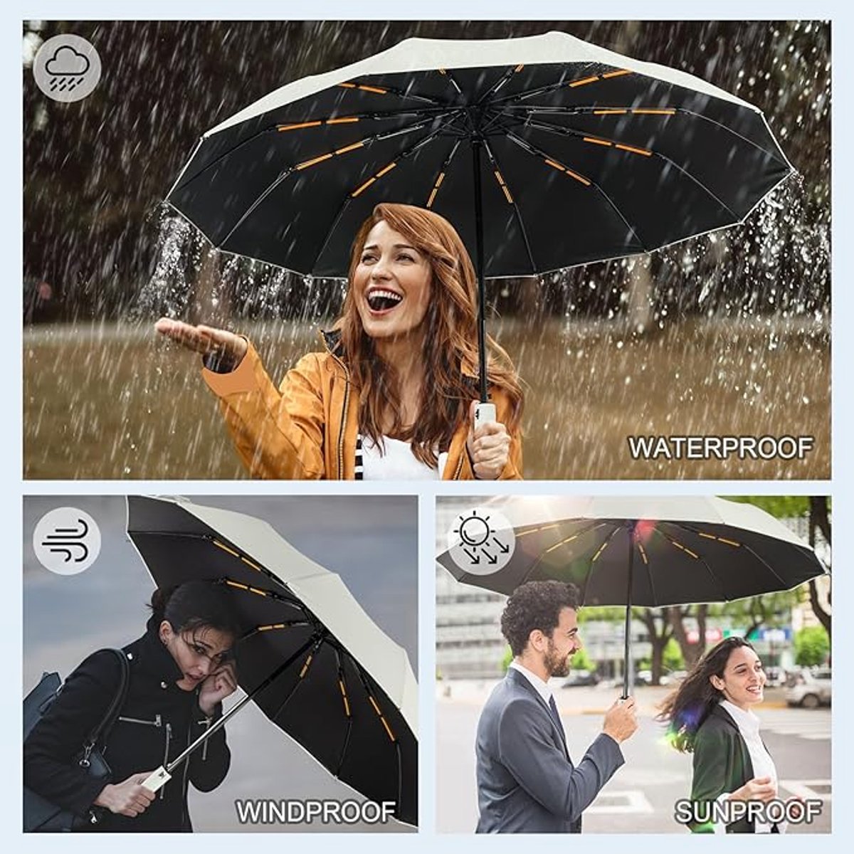 Folding umbrella, safety umbrella, windproof, pocket umbrella, automatic open and close, 105 cm, golf umbrella, 12 reinforced fiberglass ribs, 210T nylon umbrella, travel umbrella with UV protection - Image 2