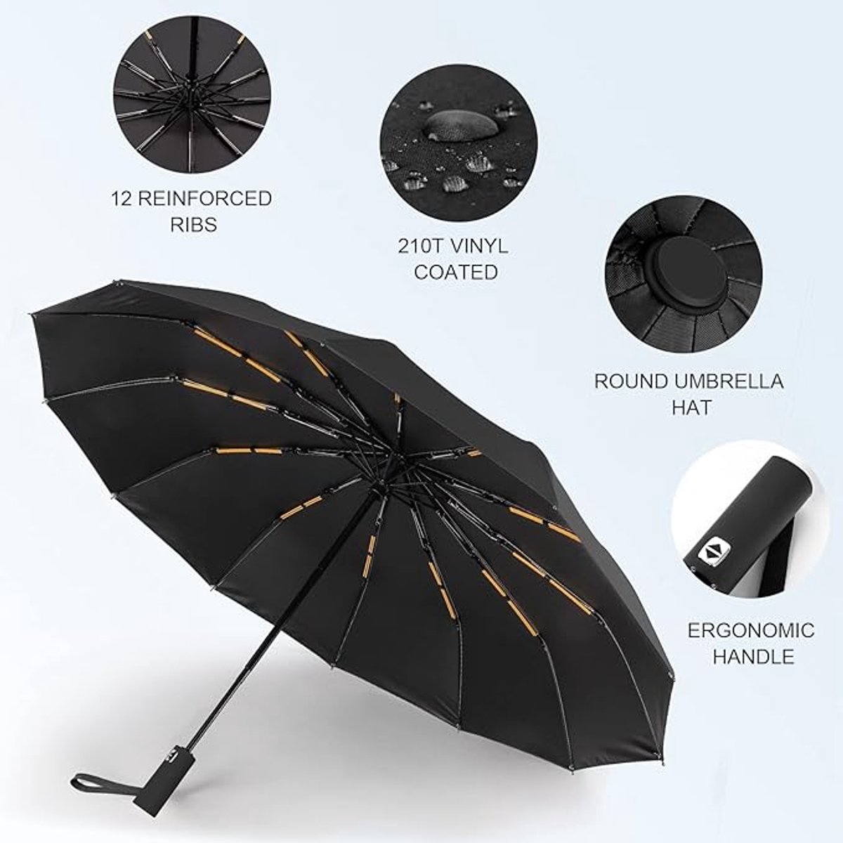 Folding umbrella, safety umbrella, windproof, pocket umbrella, automatic open and close, 105 cm, golf umbrella, 12 reinforced fiberglass ribs, 210T nylon umbrella, travel umbrella with UV protection - Image 3