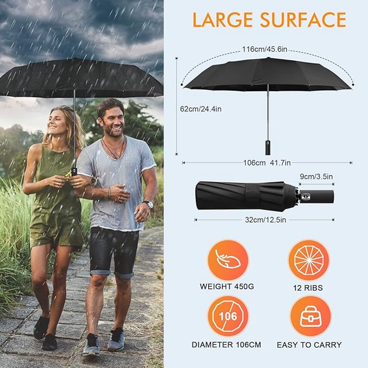 Folding umbrella, safety umbrella, windproof, pocket umbrella, automatic open and close, 105 cm, golf umbrella, 12 reinforced fiberglass ribs, 210T nylon umbrella, travel umbrella with UV protection - Image 5