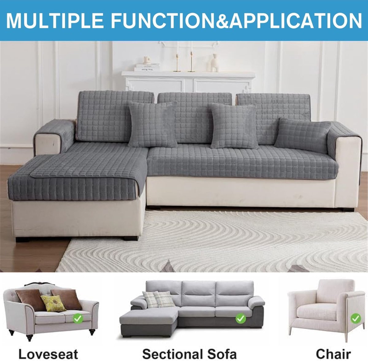 Sofa cover - Corner sofa cover - Flannel sofa cover - Winter - Winter sofa cover - Sofa cover - Corner sofa cover (1/2/3/4 seater) - L-shaped sofa cover - Grey - 90 x 90 cm - Image 7