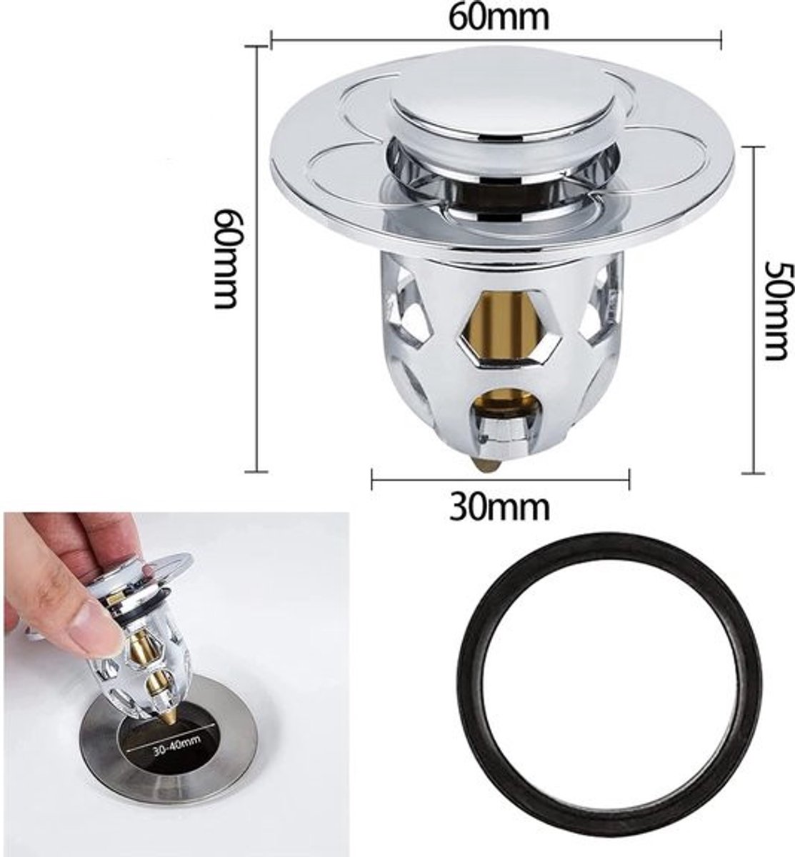 Pop-on sink drain plug - Drain stopper - Drain strainer - Hair catcher - Sink - Drain plugs - Sinks - Bathroom/Kitchen - Hair - Chrome - For 34-40 mm - Image 5