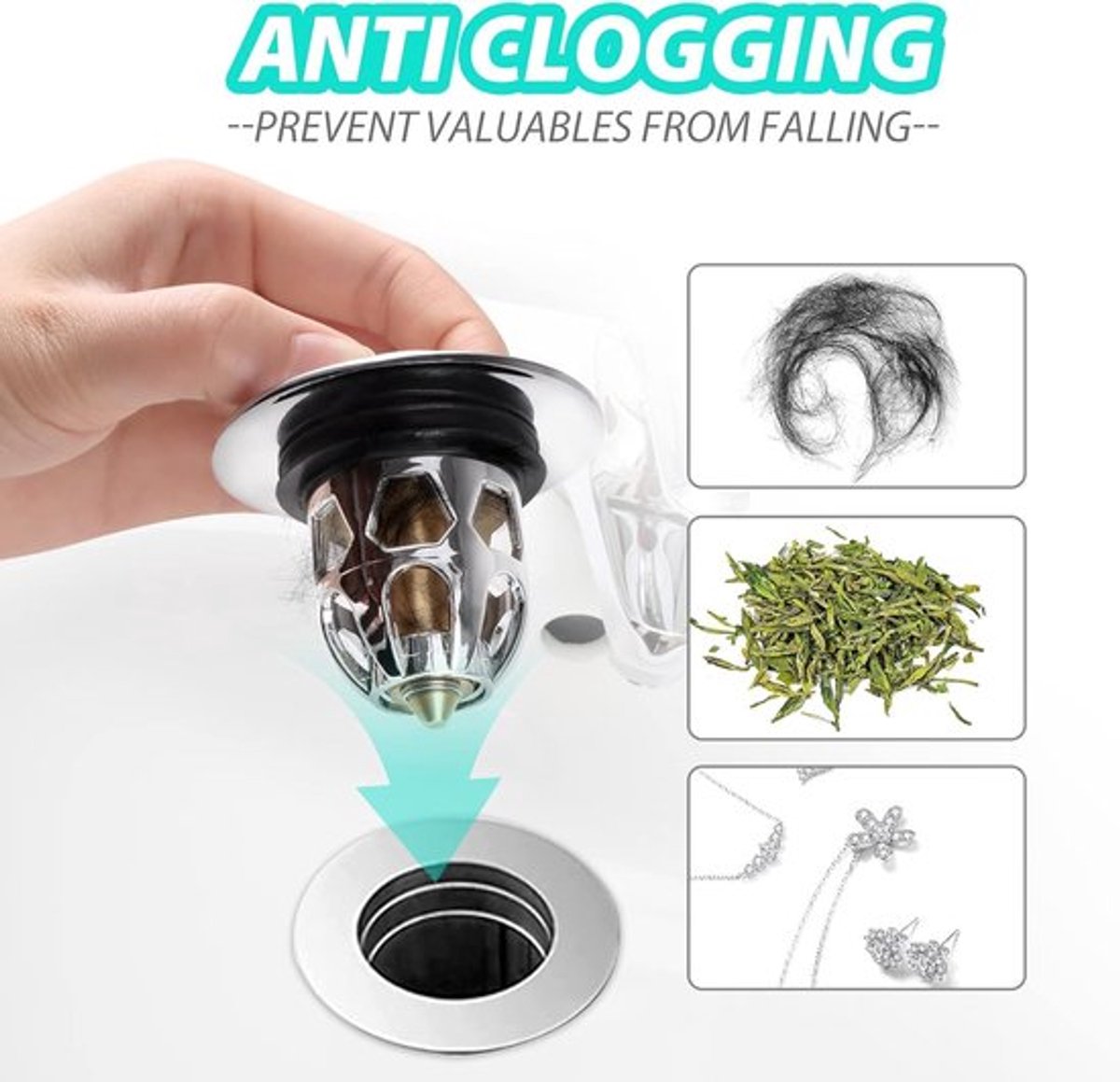 Pop-on sink drain plug - Drain stopper - Drain strainer - Hair catcher - Sink - Drain plugs - Sinks - Bathroom/Kitchen - Hair - Chrome - For 34-40 mm - Image 8