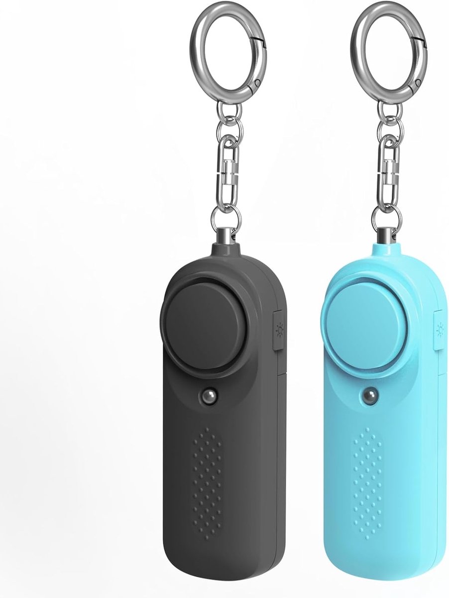 Pack of 2 personal alarms - Keychain - SOS button - 130 dB emergency signal - Personal safety alarm - Keychain with LED light for children, women and the elderly (black + blue) - Image 1