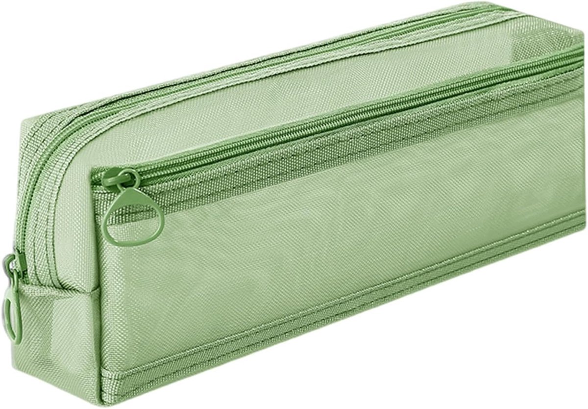Double-layer mesh pencil case, large capacity pencil case, transparent pencil case for students, green - Image 1
