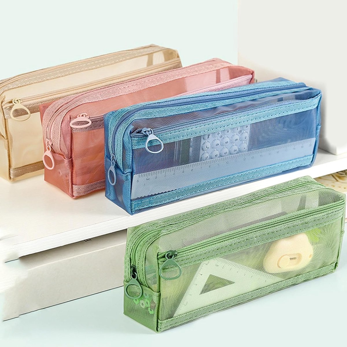 Double-layer mesh pencil case, large capacity pencil case, transparent pencil case for students, green - Image 3