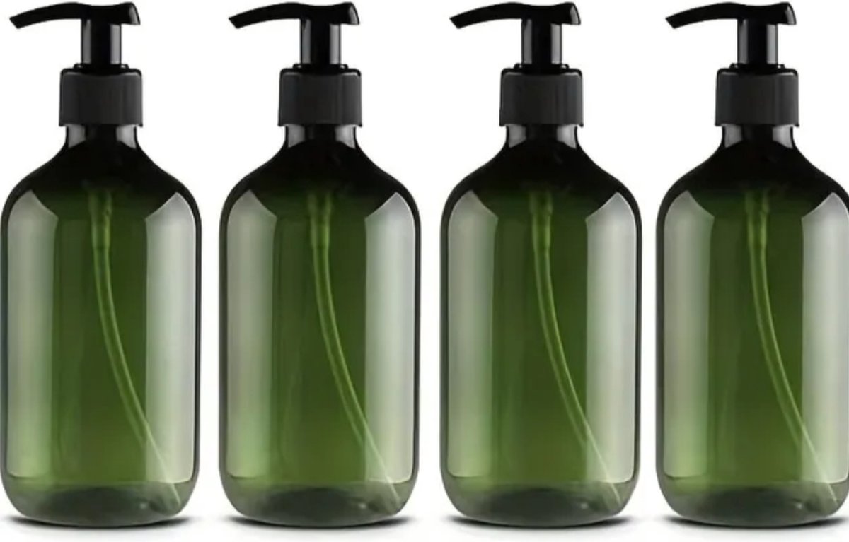 Set of 4 pump bottles 500 ML, green transparent plastic soap dispenser, refillable shampoo bottle. - Image 1
