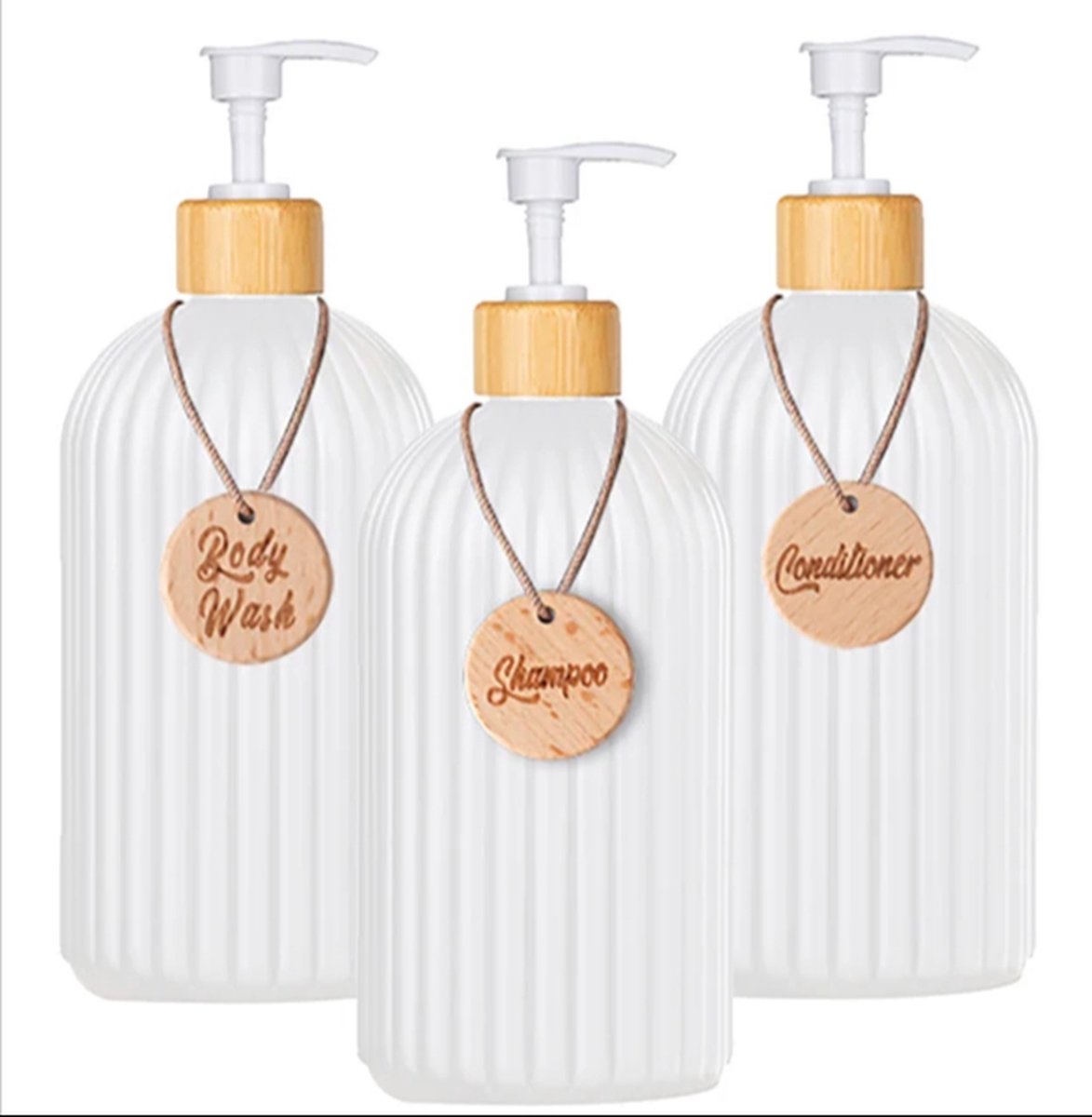 Set of 3 pump bottles, 500 ML, White, plastic and bamboo soap dispenser, refillable shampoo bottle. - Image 1