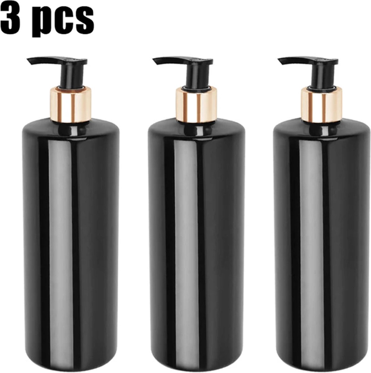 Set of 3 pump bottles, 500 ML, plastic soap dispenser, black/gold color, refillable shampoo bottle. - Image 1