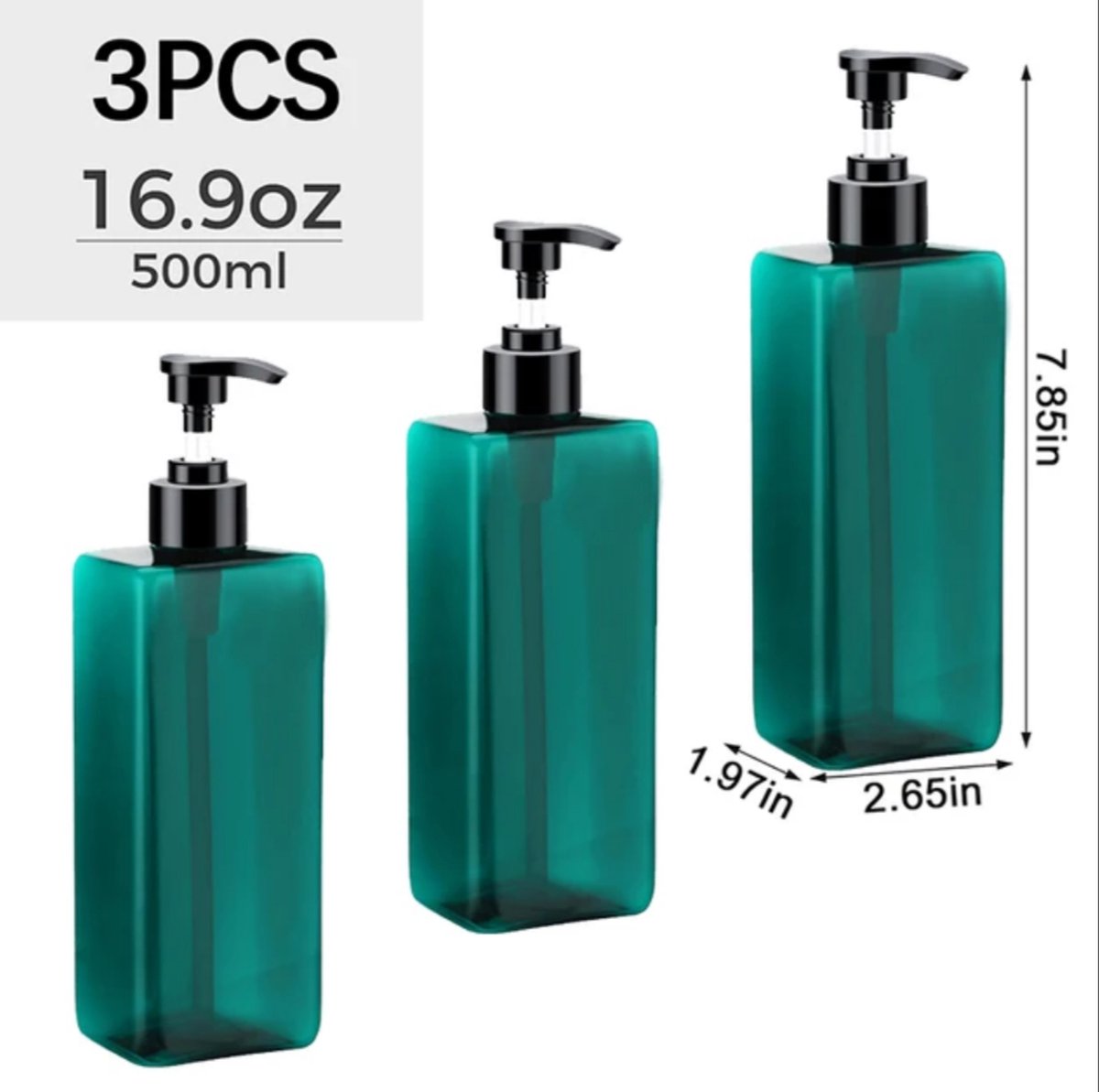 Set of 3 Pump Bottles, 500 ML, Turquoise Plastic Soap Dispenser, Refillable Shampoo Bottle. - Image 1