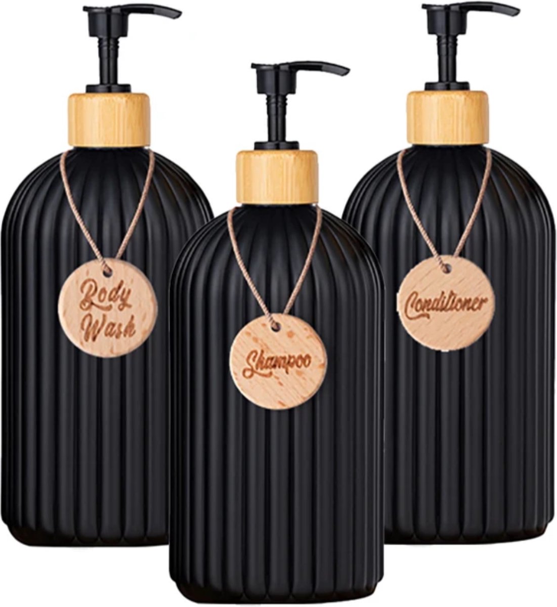 Set of 3 pump bottles, 500 ML, Black, plastic and bamboo soap dispenser, refillable shampoo bottle. - Image 1