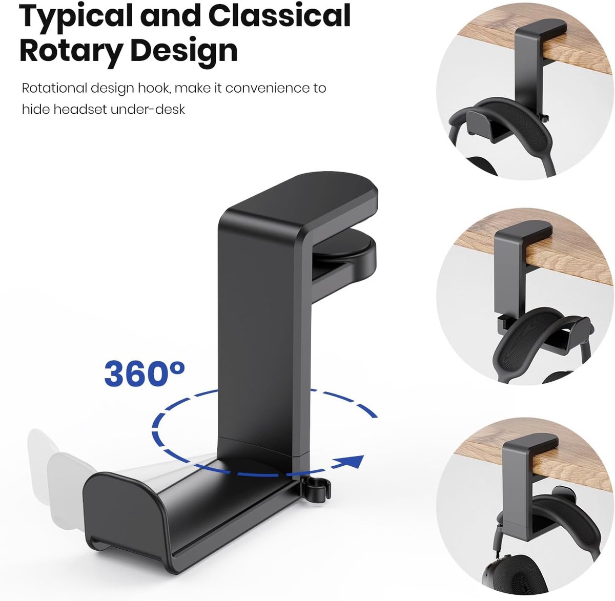 Headset Stand - Headset Holder - Rotating Headset Stand - Gaming Headset Stand - With 360-Degree Rotation and Cable Clip Organizer - Adjustable Clamp Mount Under Desk - Black - Image 4
