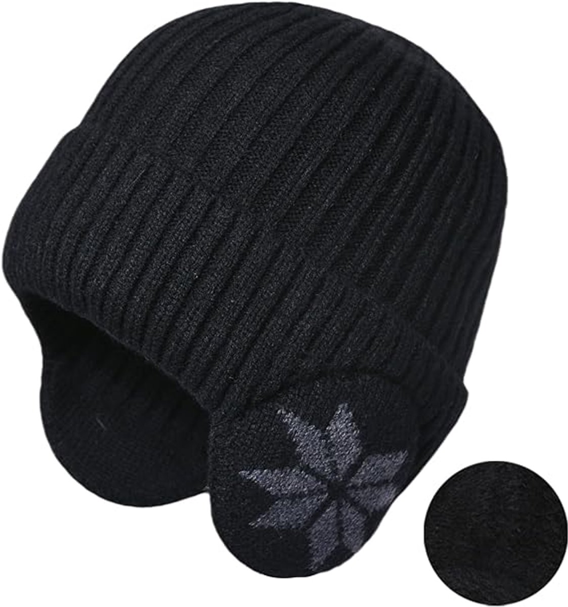 Beanie - Women's Beanie - Men's Beanie - Black Men's Beanie - Thick and Warm Knit Beanie - Unisex - Thermal Lining - With Ear Flaps - Ideal for Outdoor Activities - Camping - Sports - Gift Idea - Black - Image 1