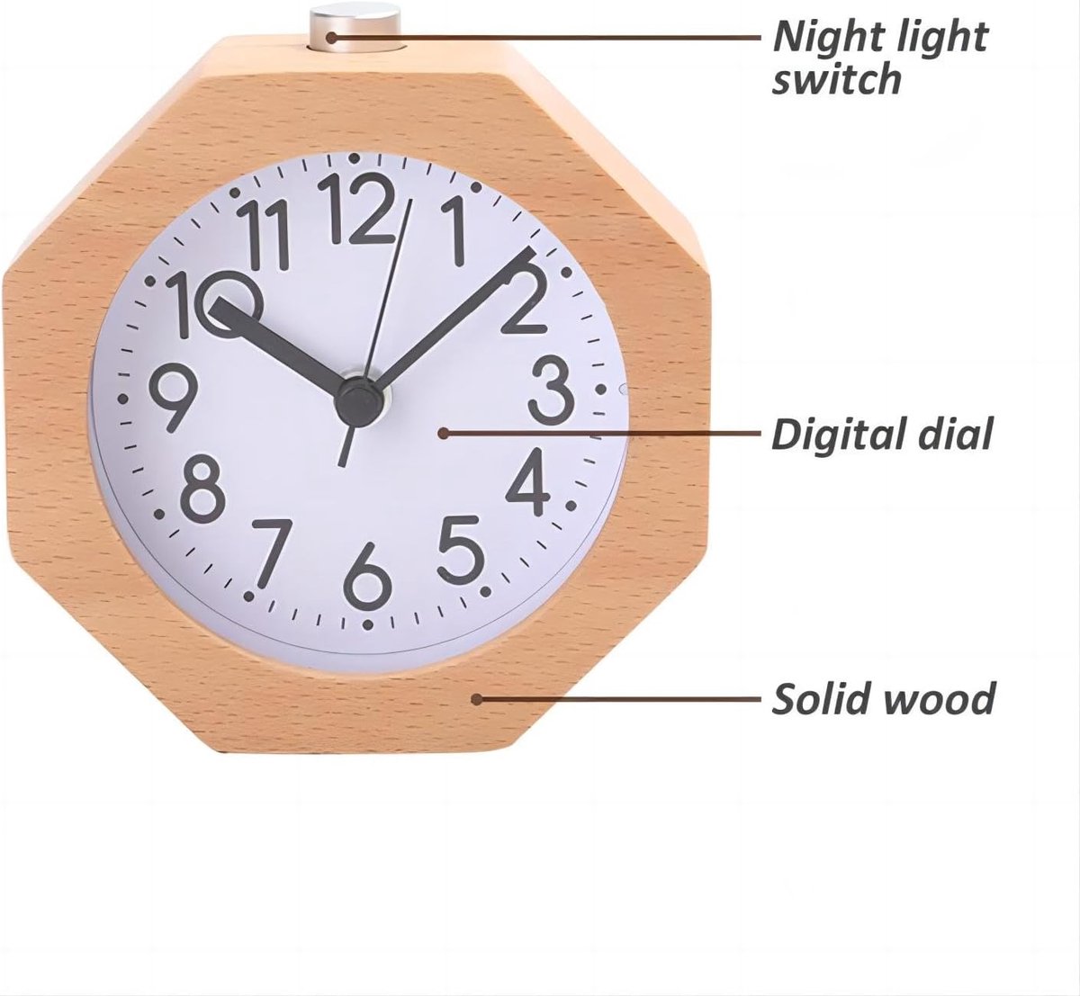 Wekker Wooden Alarm Clock, No Ticking, Silent, with Arabic Numerals, Backlit, Snooze Function, Battery Operated, for the Bedroom - Image 4