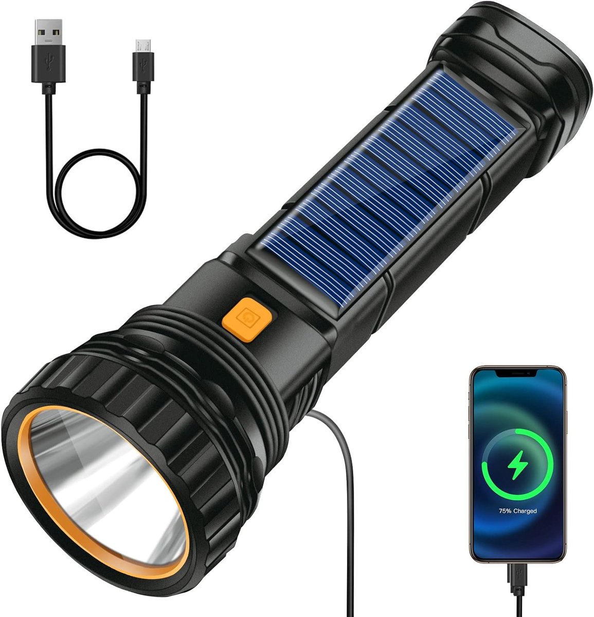 Solar Flashlight - Solar LED Flashlight - USB Rechargeable Solar Flashlight - Emergency Flashlight - 1200 mAh LED Flashlight with 3 Modes - Waterproof LED Flashlight Ideal for Outdoor Fishing Emergencies - Image 1