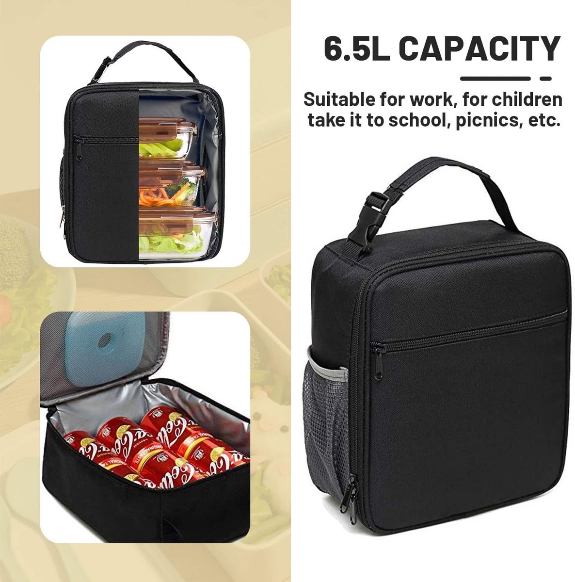 Lunch bag - Adult lunch bag - Insulated backpack - Picnic bag - Lunch bag for girls - 6.5L lunch box for boys - Insulated bag - Keeps food fresh - Office - school - picnic (black) - Image 7