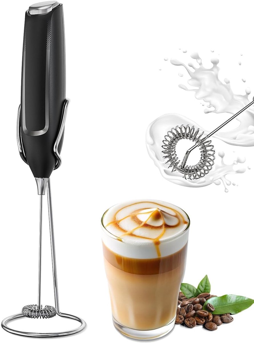 Milk Frother - Milk Frothers - Manual Milk Frother - Electric Milk Frother - Milk Frother with Stand - Functional Beverage Mixer with Stainless Steel Whisk and Stand - For Coffee/Cappuccino - Image 1