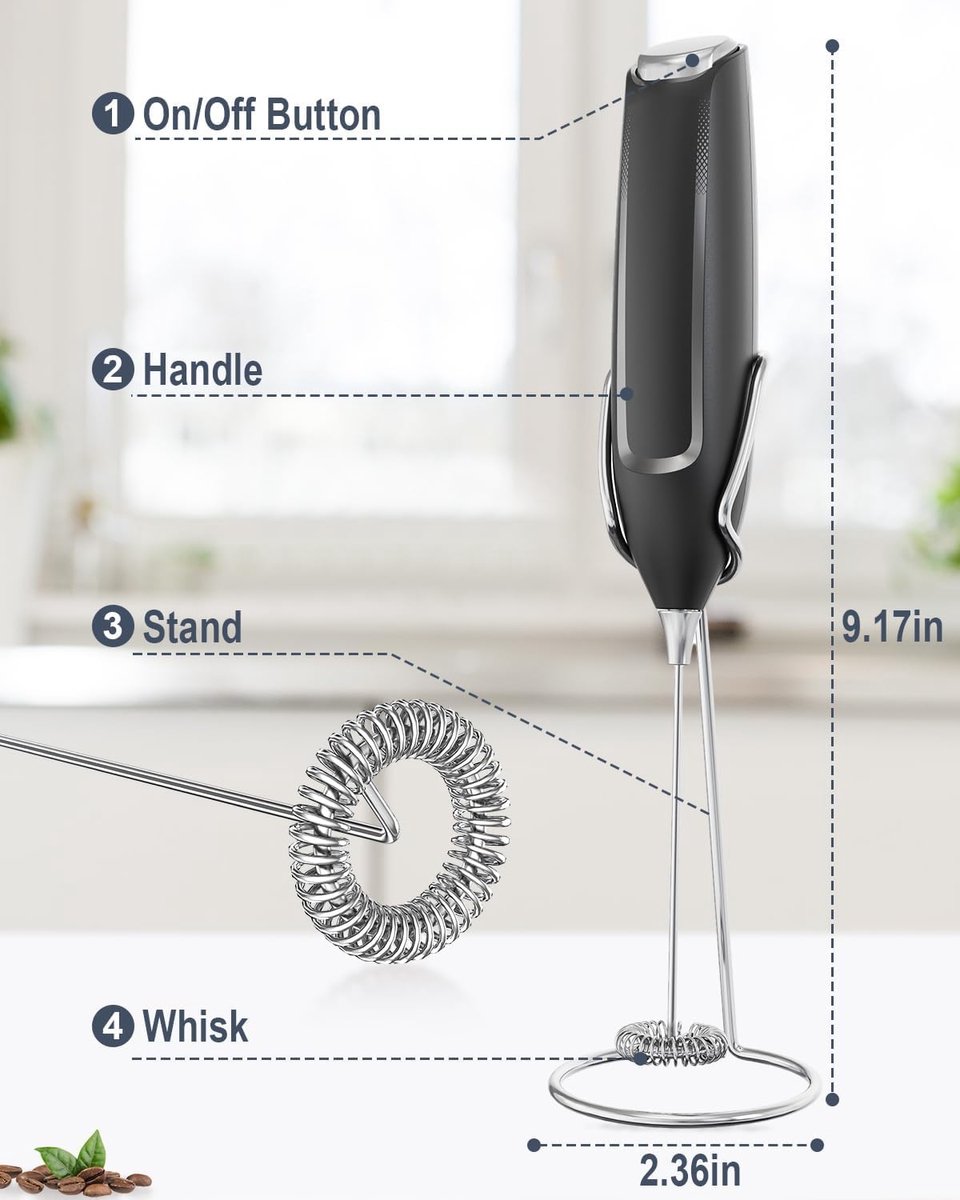 Milk Frother - Milk Frothers - Manual Milk Frother - Electric Milk Frother - Milk Frother with Stand - Functional Beverage Mixer with Stainless Steel Whisk and Stand - For Coffee/Cappuccino - Image 3