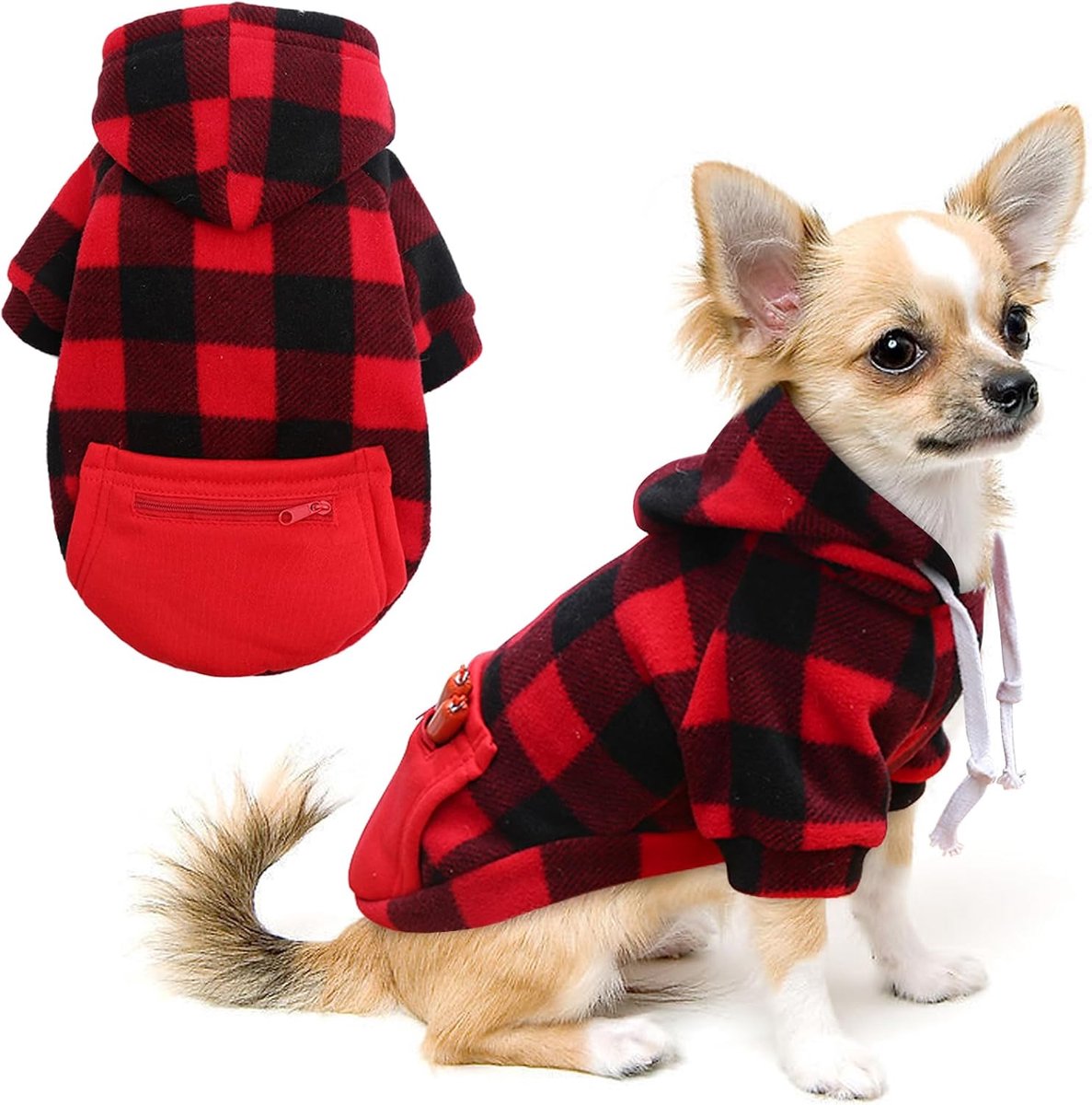 Dog Coat - Plaid Sweater - Warm Dog Coat - Zippered Pockets - Soft Brushed Fleece Hoodie - Winter Coat for Small Dogs - Perfect from Sizes S to 3XL - Warm Dog Clothes - Dog Outerwear - Image 1