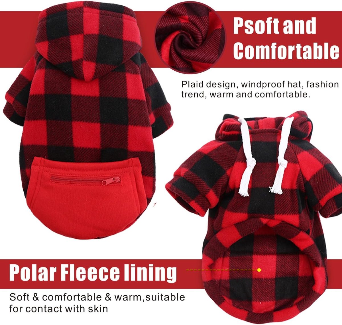 Dog Coat - Plaid Sweater - Warm Dog Coat - Zippered Pockets - Soft Brushed Fleece Hoodie - Winter Coat for Small Dogs - Perfect from Sizes S to 3XL - Warm Dog Clothes - Dog Outerwear - Image 2