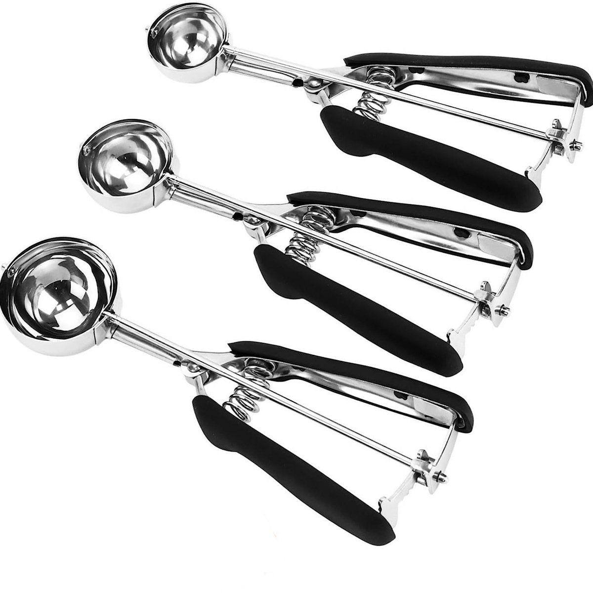 3-Piece Ice Cream Scoop Set - Stainless Steel Ice Cream Scoop - Ball Scoop - With Non-Slip Handle - For Fruit, Cookies, and Frozen Sorbets - Black - Image 1