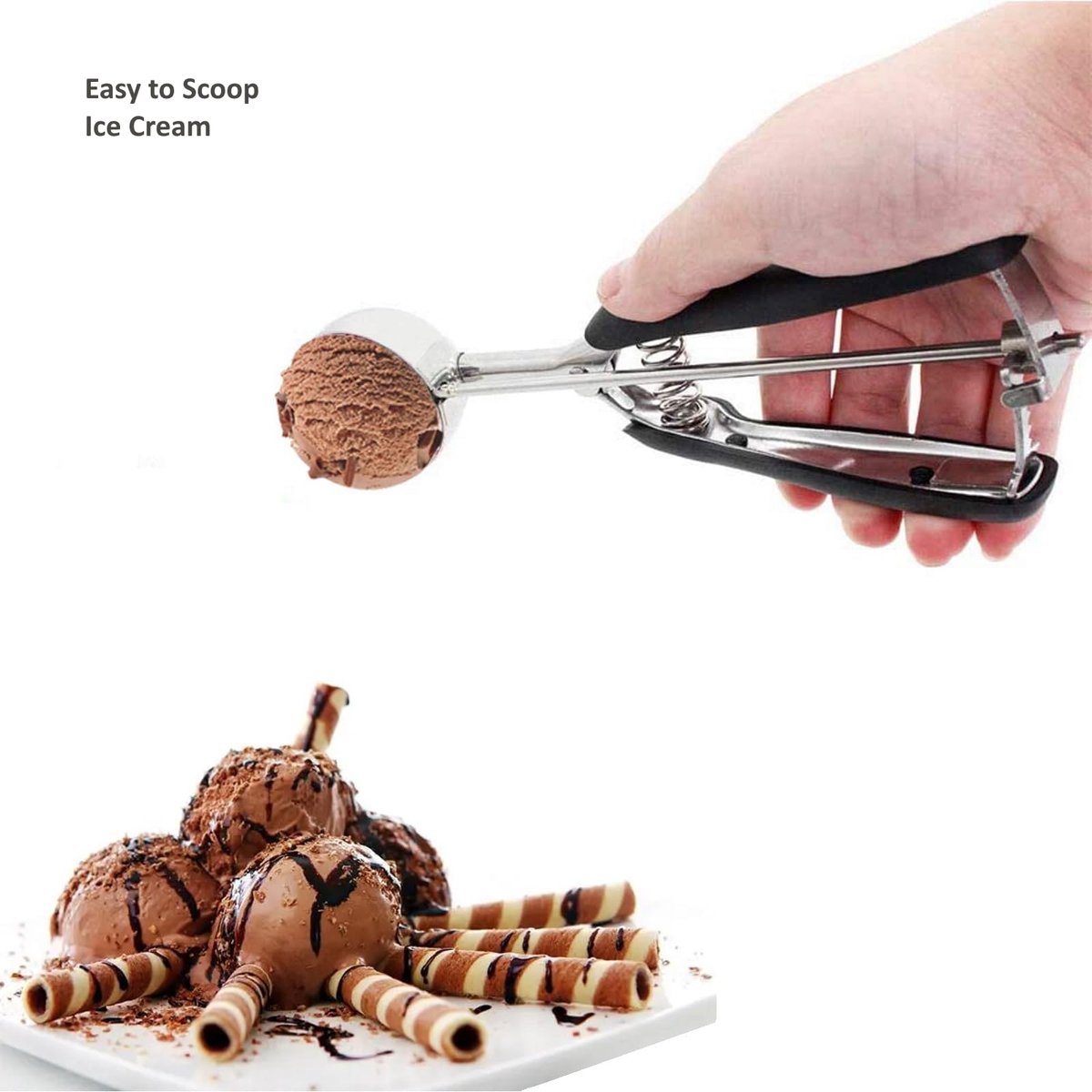 3-Piece Ice Cream Scoop Set - Stainless Steel Ice Cream Scoop - Ball Scoop - With Non-Slip Handle - For Fruit, Cookies, and Frozen Sorbets - Black - Image 7