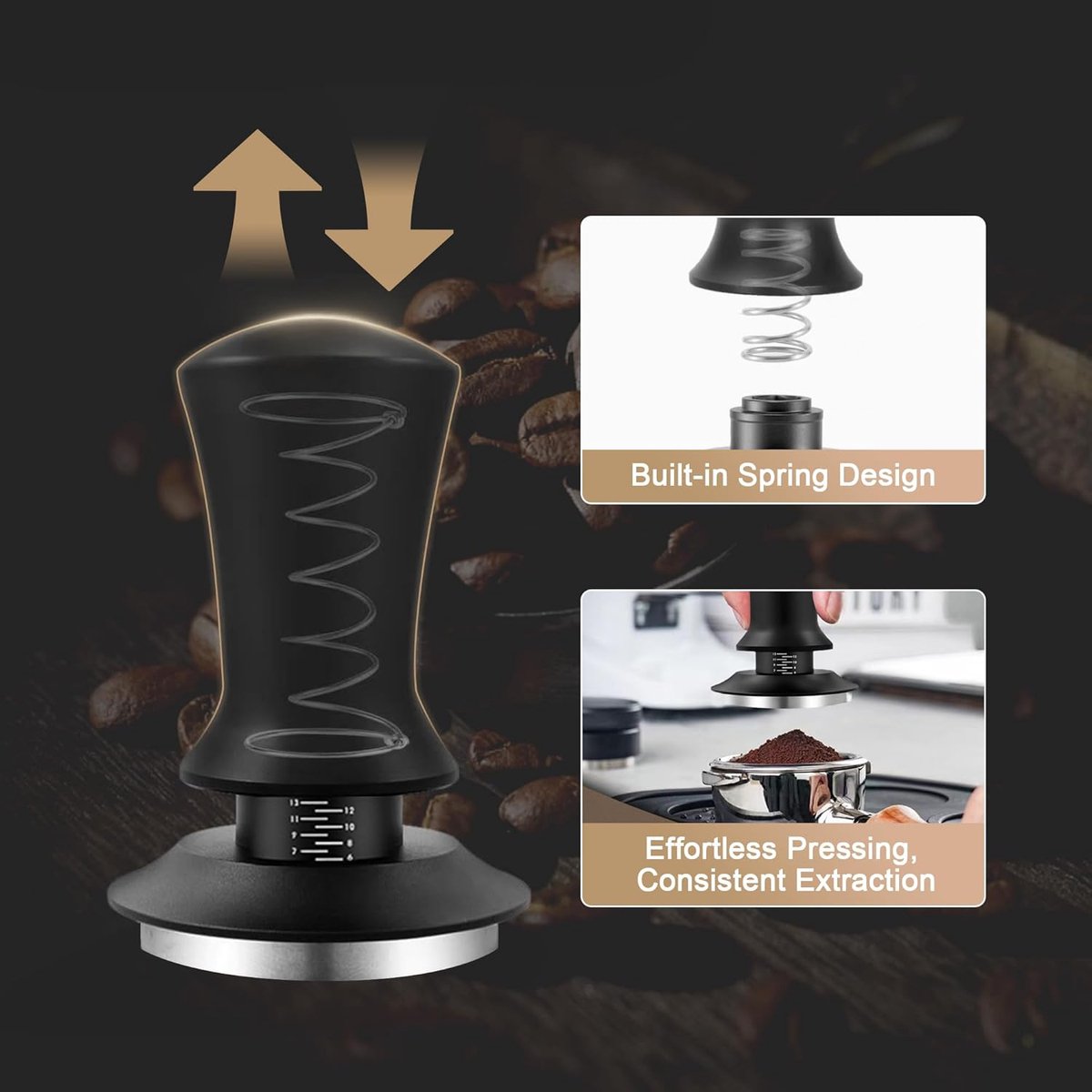 Tamper - Coffee tamper - Espresso tamper - 51 mm espresso tamper - Aluminum and stainless steel espresso tamper - Ergonomic self-leveling tamper - For baristas - Black - Image 3