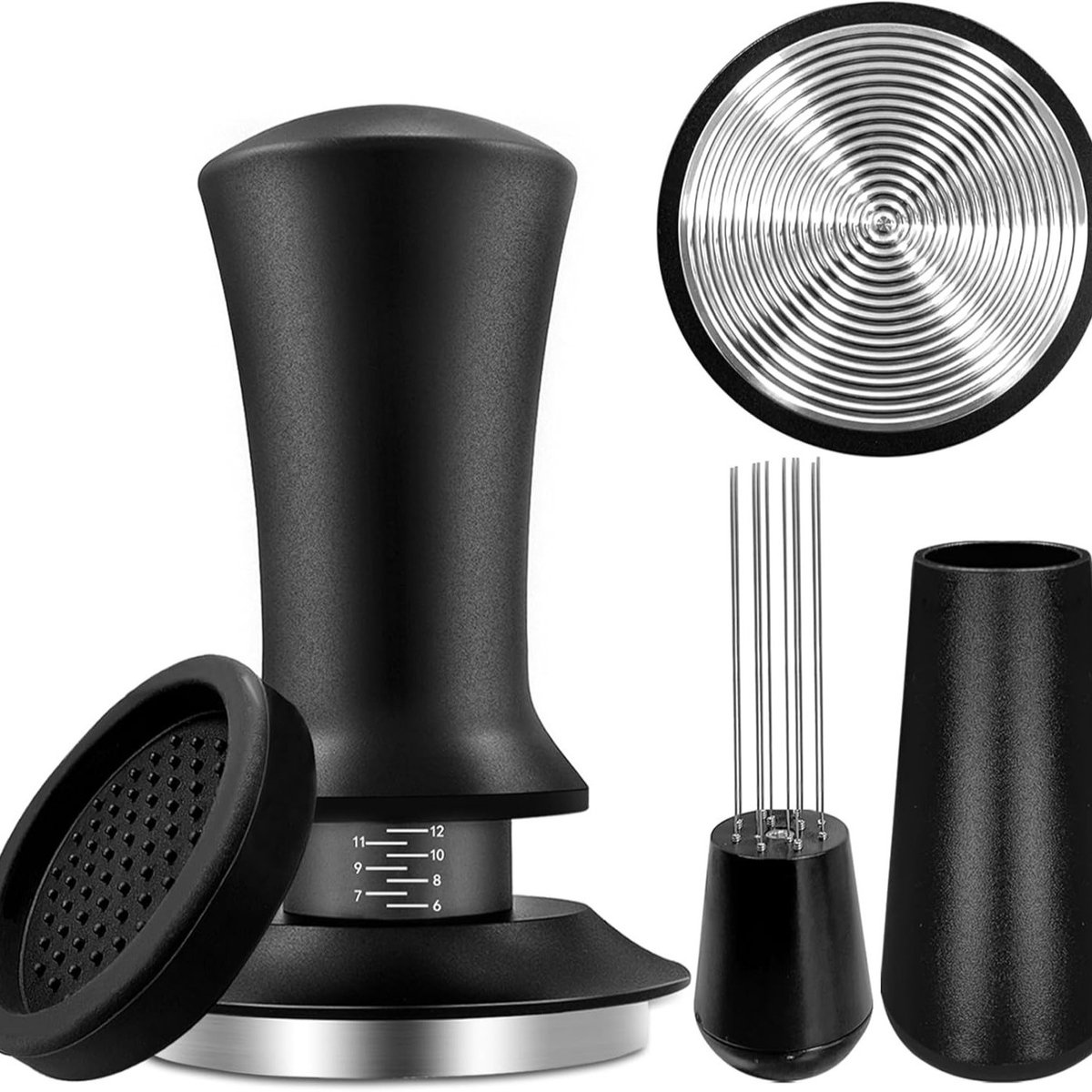Tamper - Coffee tamper - Espresso tamper - 58 mm espresso tamper - Aluminum and stainless steel espresso tamper - Ergonomic self-leveling tamper - For baristas - Black - Image 1