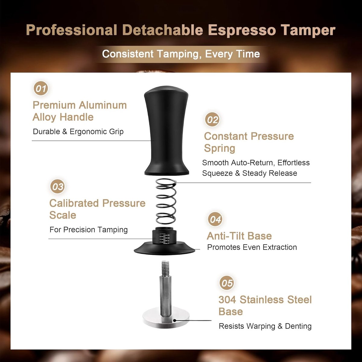 Tamper - Coffee tamper - Espresso tamper - 58 mm espresso tamper - Aluminum and stainless steel espresso tamper - Ergonomic self-leveling tamper - For baristas - Black - Image 3