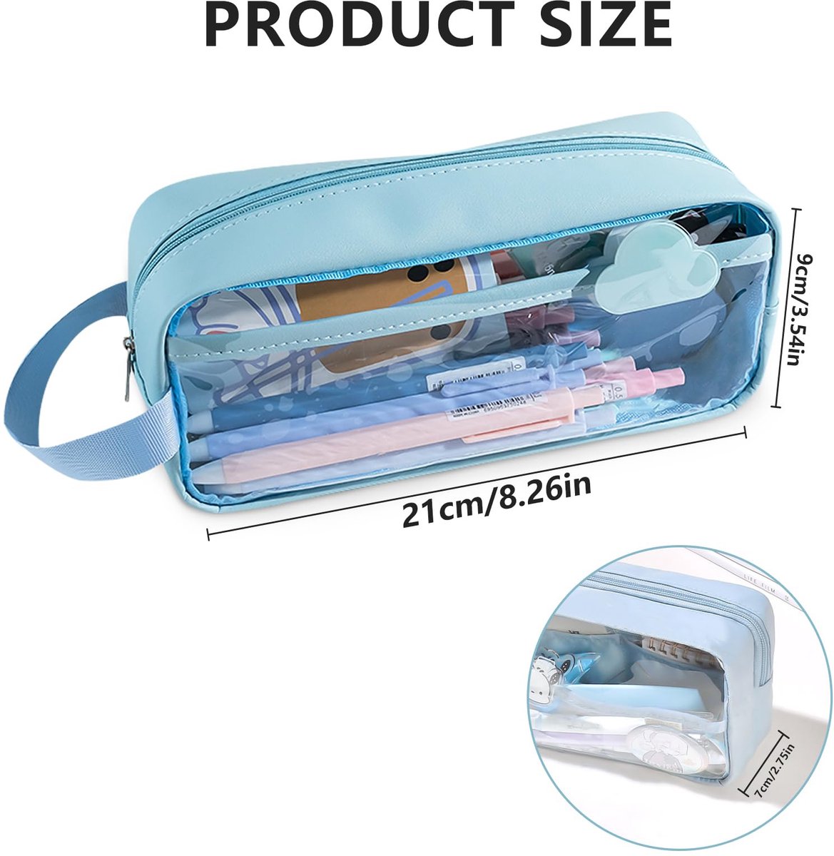 Transparent pencil case - Blue - Groot - 21 x 9 x 7 cm - For School, Boys, Girls and Adults - Pencil Case - Image 3