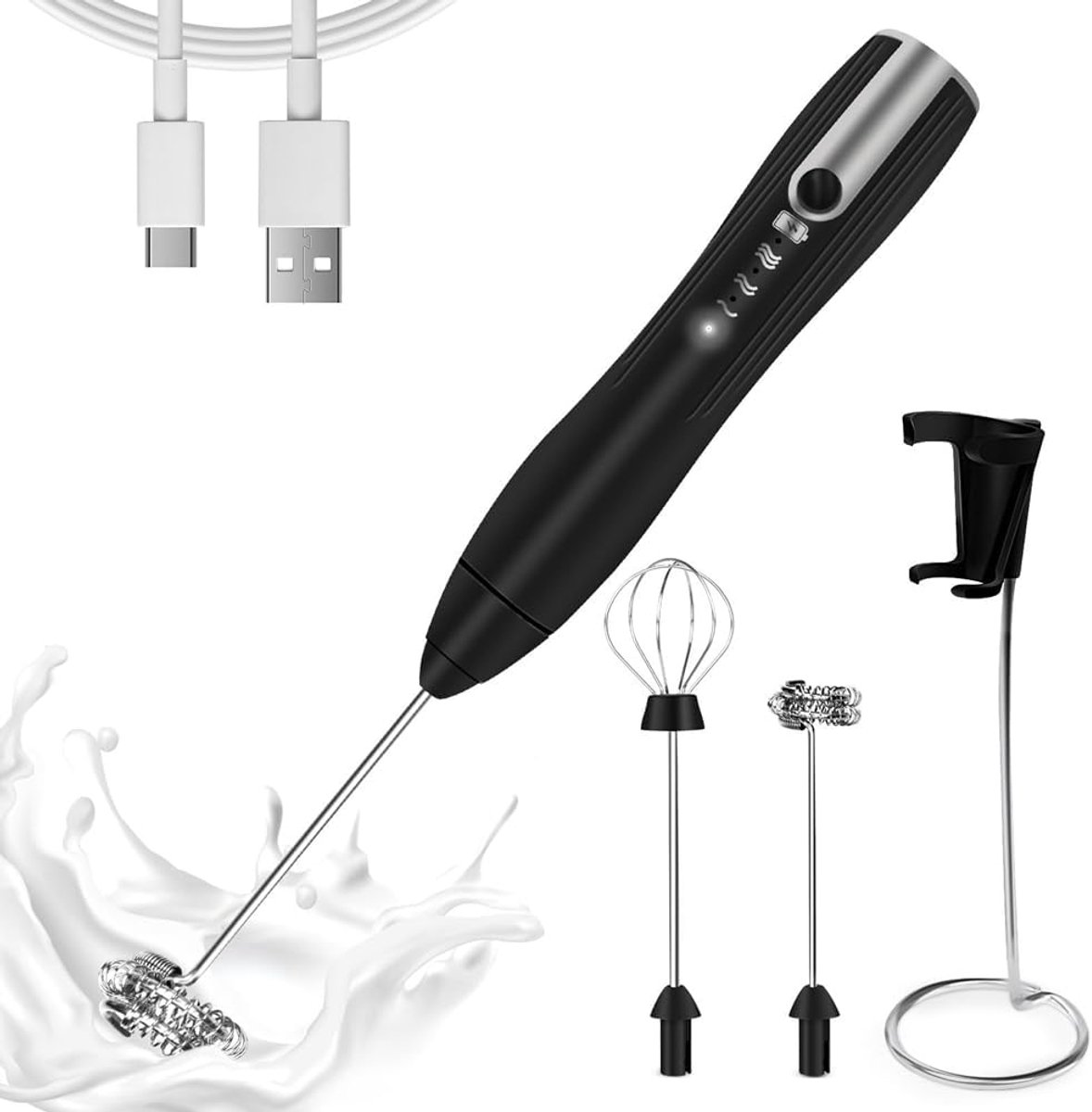 Milk frother - electric milk frother - electric milk frother - milk frother - rechargeable manual milk frother - with 3 speeds for coffee - black frother - Image 1