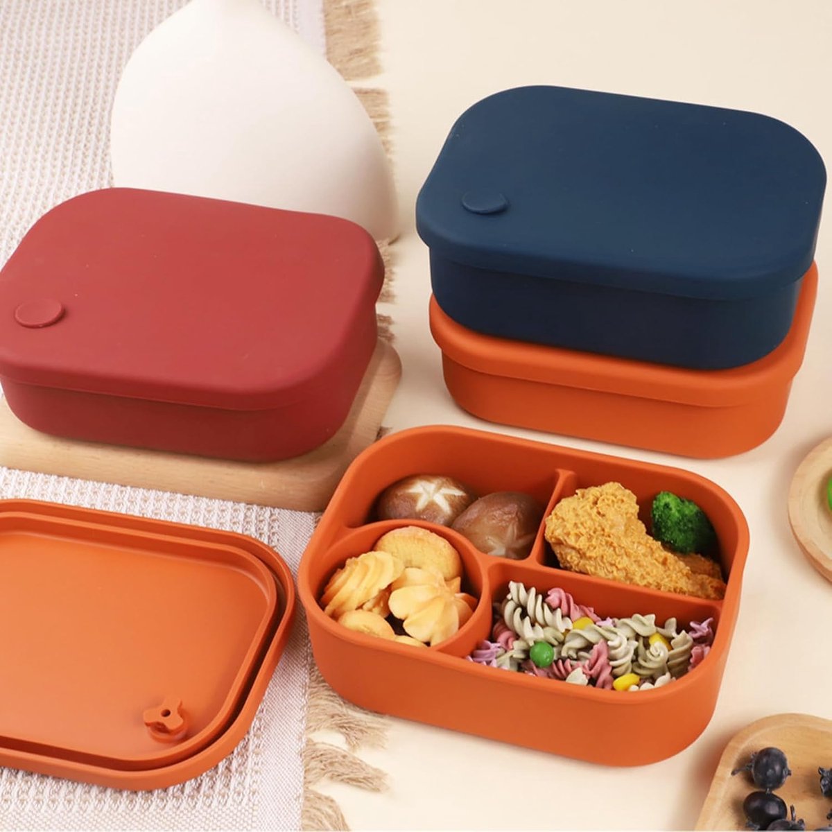 Silicone Lunch Box – For children and adults – Four-compartment lunch box – Leakproof lunch box – For school, picnics and parks (Blue) - Image 2