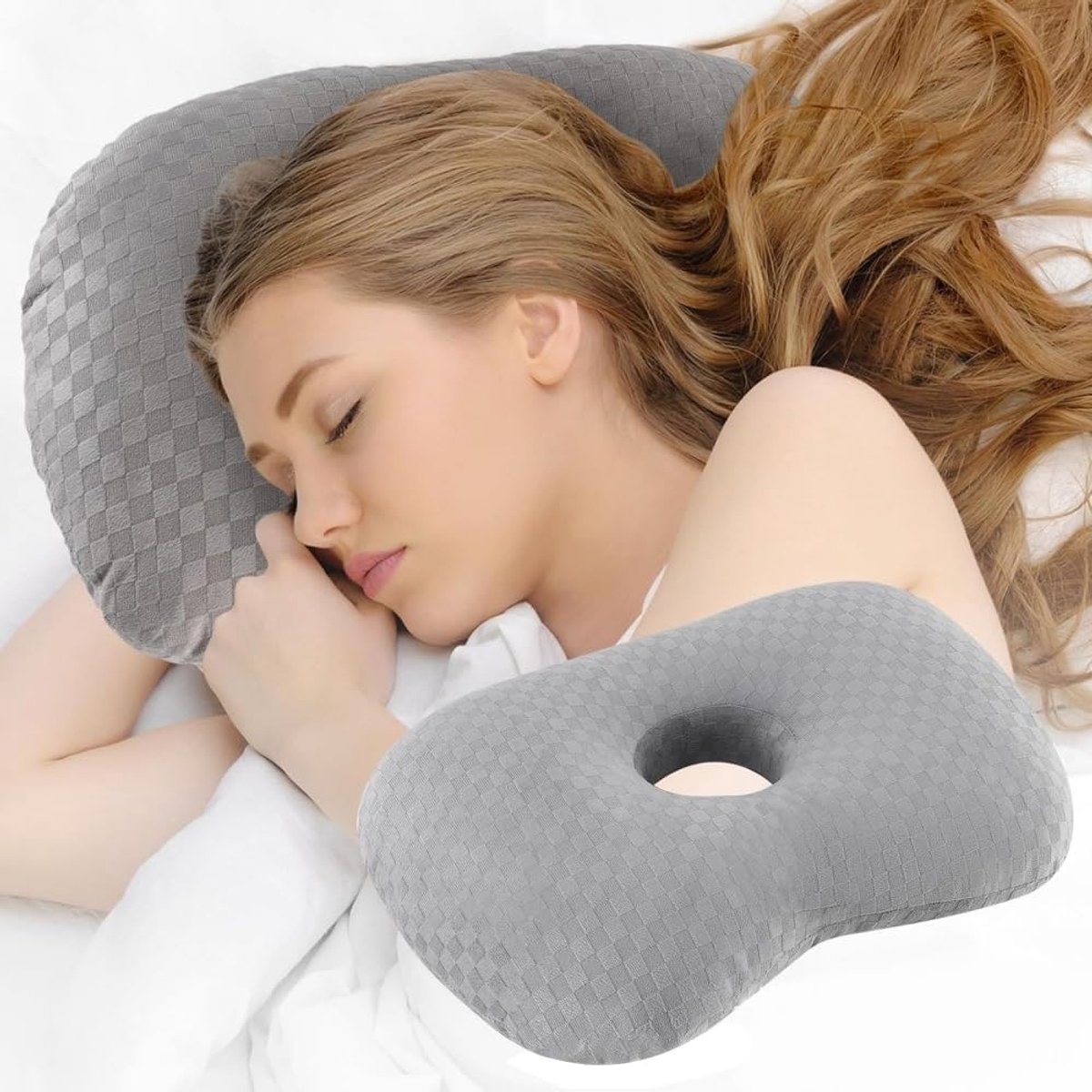 Pillow - head pillow - neck pillow - ear pillow - piercing pillow - donut pillow - piercing pillow with hole - sleeping ring for side sleepers to relieve pain - 32 * 44 cm - grey - Image 6