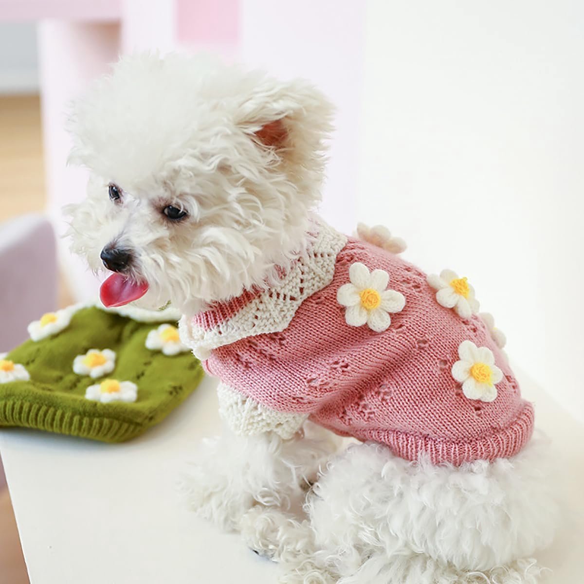 Dog Coat - Dog Sweater - Sweater for Small Dogs - Cute Floral Sweater for Girls - Winter Knitted Sweater - Lightweight and Warm Cat Sweater - Birthday, Party, Party Decoration, Christmas - Size L - Image 3