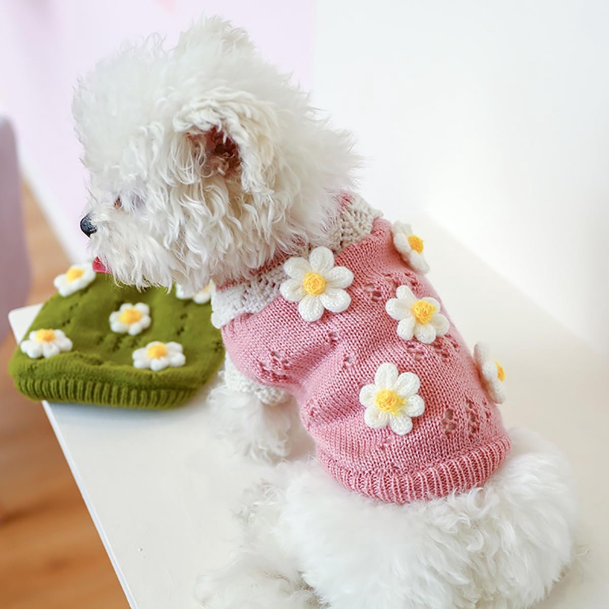 Dog Coat - Dog Sweater - Sweater for Small Dogs - Cute Floral Sweater for Girls - Winter Knitted Sweater - Lightweight and Warm Cat Sweater - Birthday, Party, Party Decoration, Christmas - Size M - Image 5