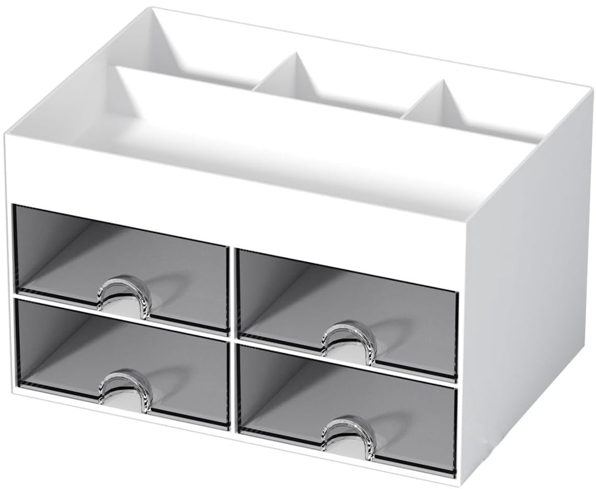 Multifunctional desk organizer with 4 drawers and pen holders, makeup organizer, for teachers, office, school, home, table decoration, white - Image 1