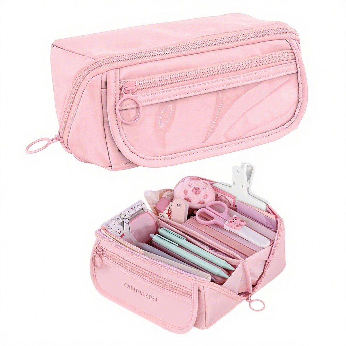 Pencil case - Pencil case for boys and girls - 20x8.5x8.5 cm - Canvas - Linen - Large capacity - School pencil case - pink - Image 1
